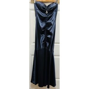 XSCAPE Joanna Chen Navy Blue Satin Ruched Mermaid Strapless Evening Gown Size 10